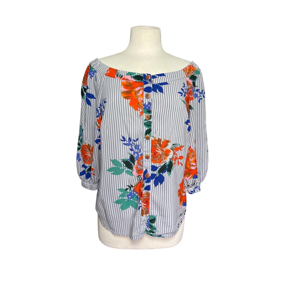 ANTHROPOLOGIE MAEVE Women’s Blue Striped Floral Print Tie Back Top